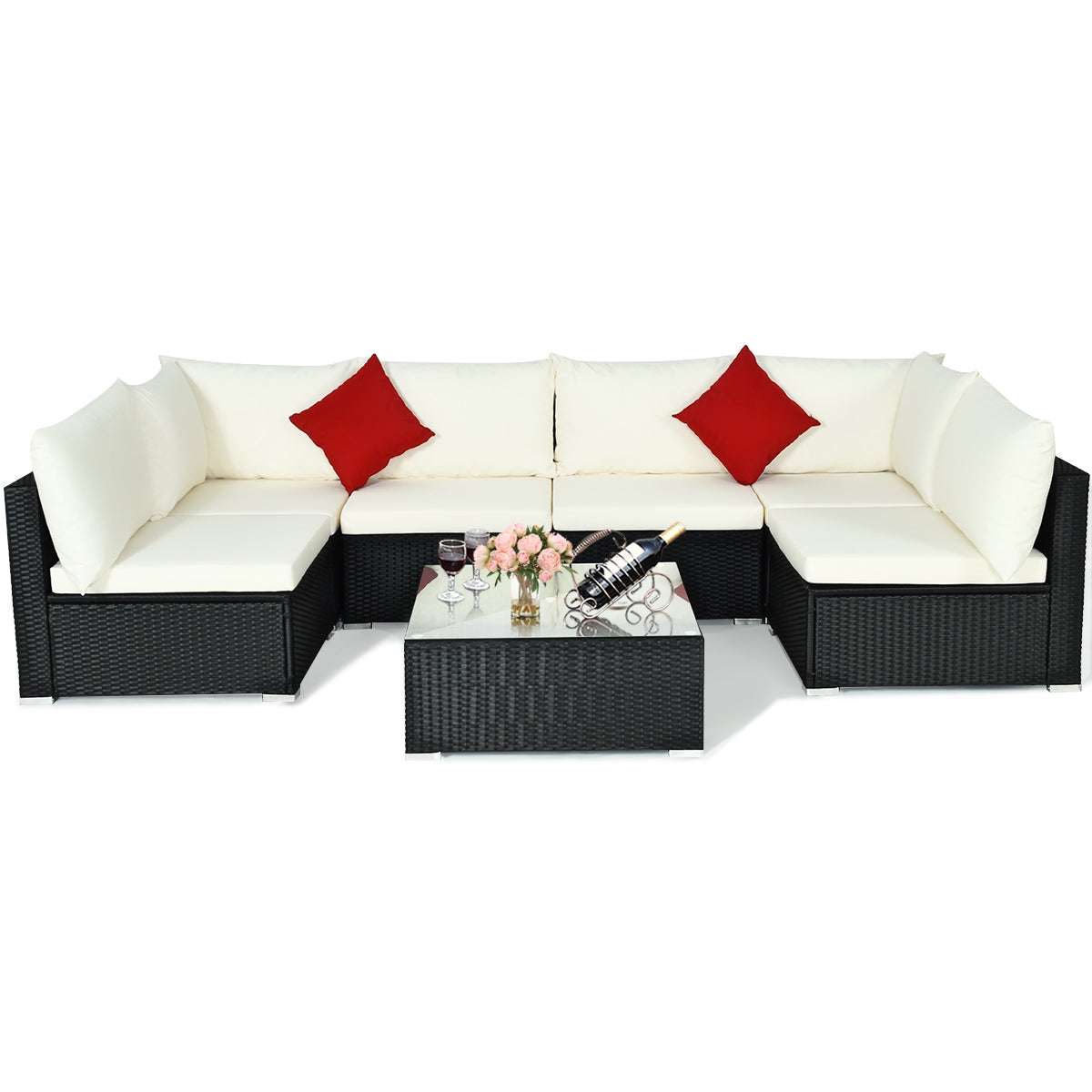 7-Piece Outdoor Sectional Wicker Patio Sofa Set with Tempered Glass Top, Beige Outdoor Sectionals at Gallery Canada