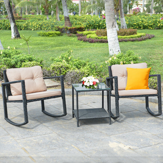 Wicker Rocking Bistro Set, 3 Pieces, Glass Coffee Table, Storage Shelf, Beige Patio Conversation Sets Beige at Gallery Canada