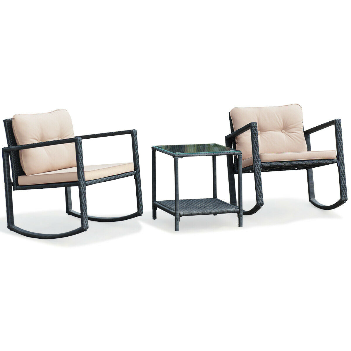 Wicker Rocking Bistro Set, 3 Pieces, Glass Coffee Table, Storage Shelf, Beige Patio Conversation Sets at Gallery Canada