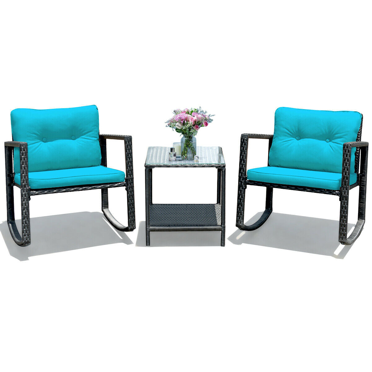 Wicker Rocking Bistro Set, Glass Coffee Table, Storage Shelf, Blue Patio Conversation Sets at Gallery Canada