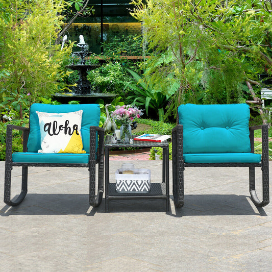 Wicker Rocking Bistro Set, Glass Coffee Table, Storage Shelf, Blue Patio Conversation Sets Blue at Gallery Canada