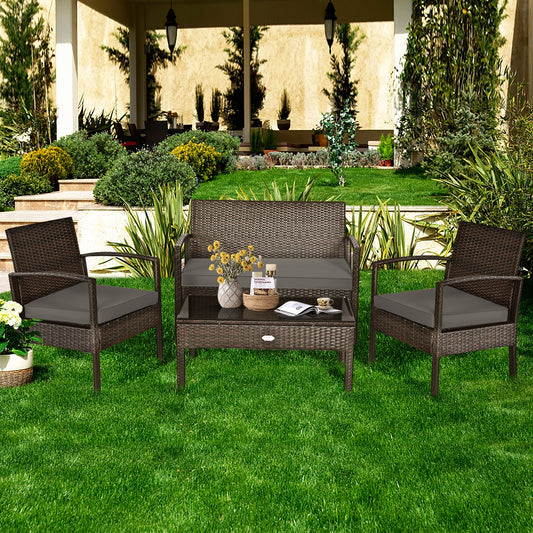 4 Piece Patio Rattan Cushioned Furniture Set, Loveseat and Table, Brown
