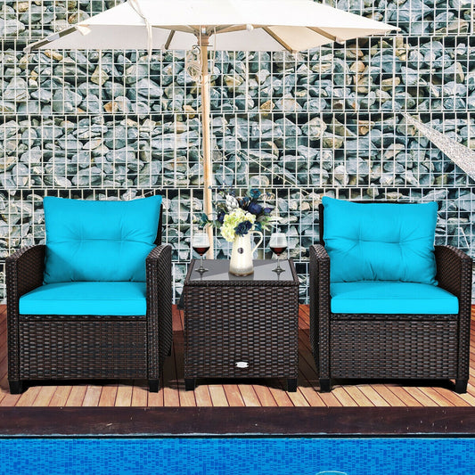 3 Pieces Cushioned Rattan Patio Conversation Set with Coffee Table, Turquoise Patio Conversation Sets Turquoise at Gallery Canada