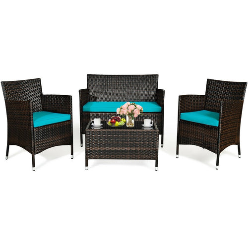 4 Pieces Comfortable Outdoor Rattan Sofa Set with Glass Coffee Table, Turquoise