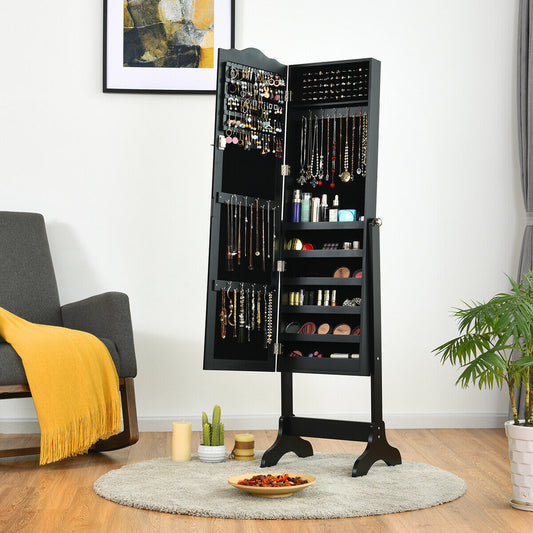Mirrored Lockable Jewelry Cabinet Armoire, Black