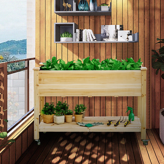 Wood Elevated Planter Bed With Lockable Wheels, Shelf, Liner, Natural Raised Garden Beds Natural at Gallery Canada