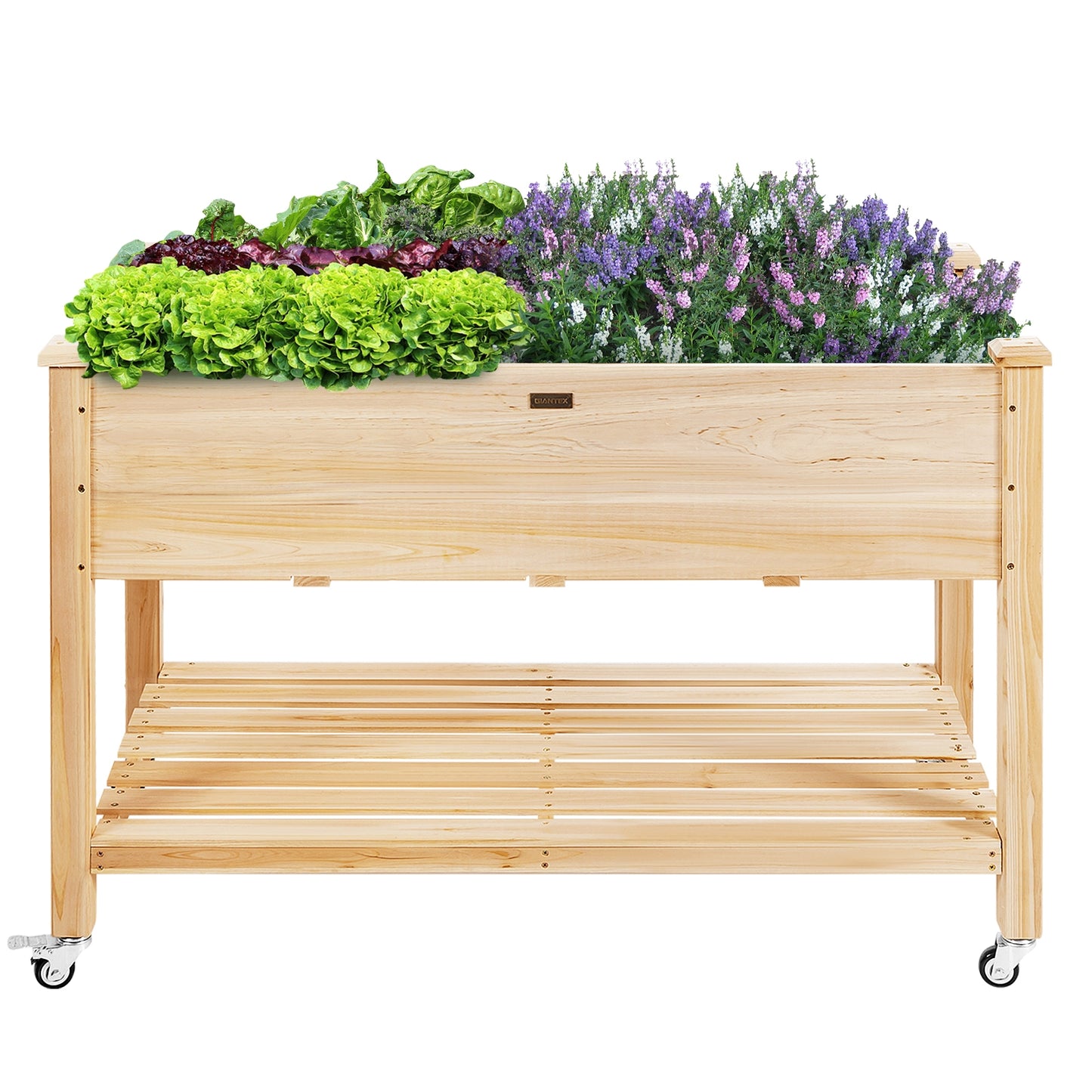 Wood Elevated Planter Bed With Lockable Wheels, Shelf, Liner, Natural