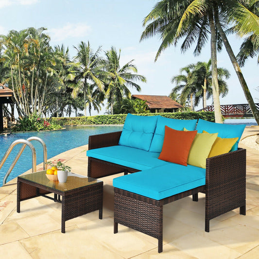 3 Pieces Patio Wicker Rattan Sofa Set, Turquoise Patio Conversation Sets Turquoise at Gallery Canada