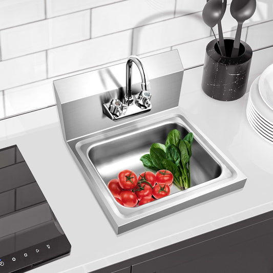 Stainless Steel Sink Wall Mount Hand Washing Sink with Faucet and Back Splash Kitchen Utensils Silver at Gallery Canada