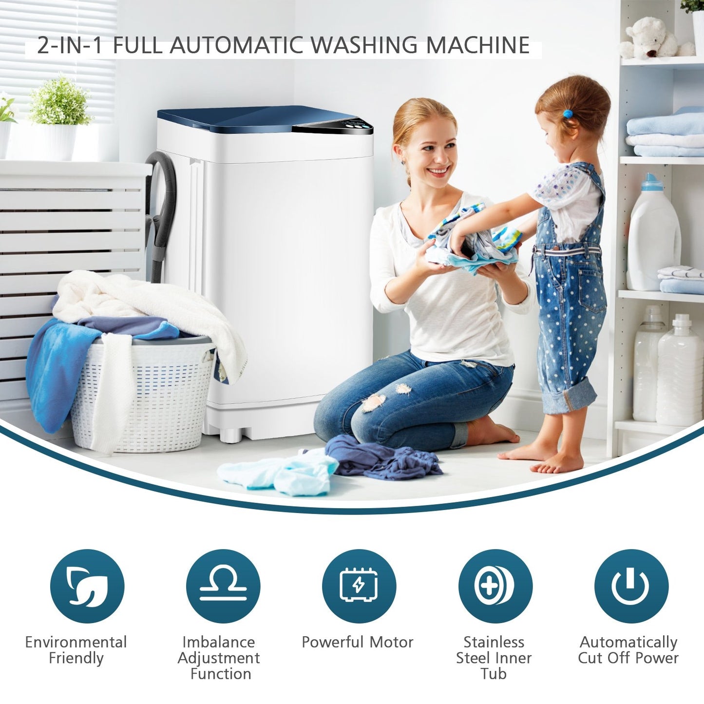 Full-automatic Washing Machine 7.7 lbs Washer / Spinner Germicidal, Blue