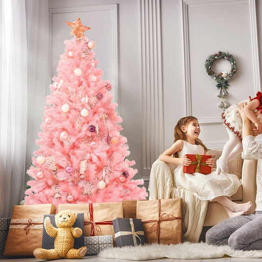6 Feet Artificial Hinged Spruce Christmas Tree, Foldable Metal Stand, Pink Christmas Tree Pink at Gallery Canada