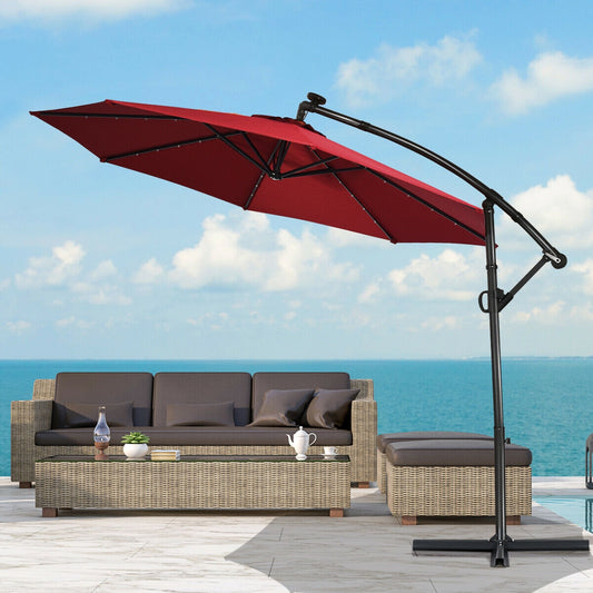 10 ft 360° Rotation Solar Powered LED Patio Offset Umbrella without Weight Base, Dark Red Outdoor Umbrellas Dark Red at Gallery Canada
