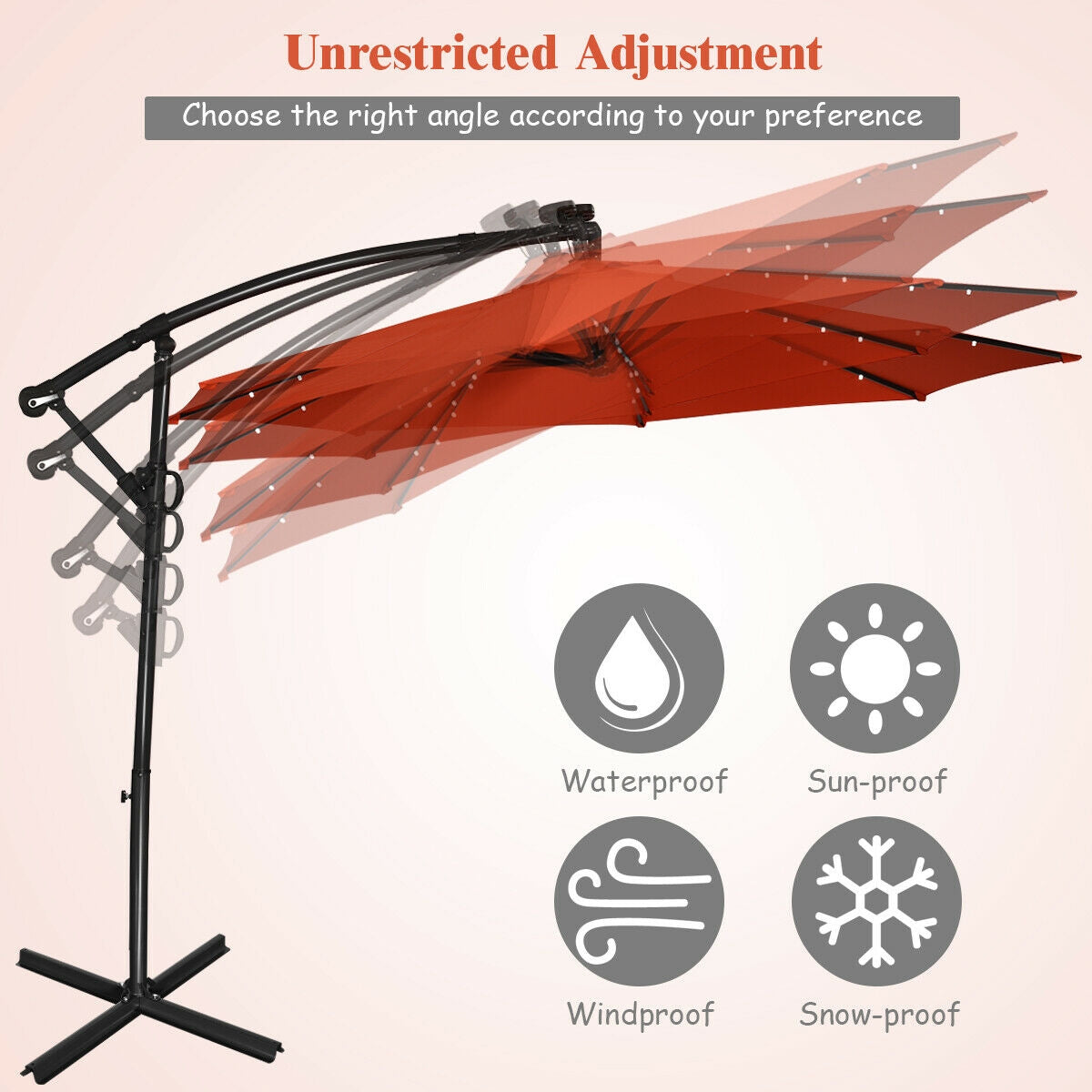 10 ft Solar Powered LED Patio Umbrella, 360° Rotation, Orange Outdoor Umbrellas at Gallery Canada