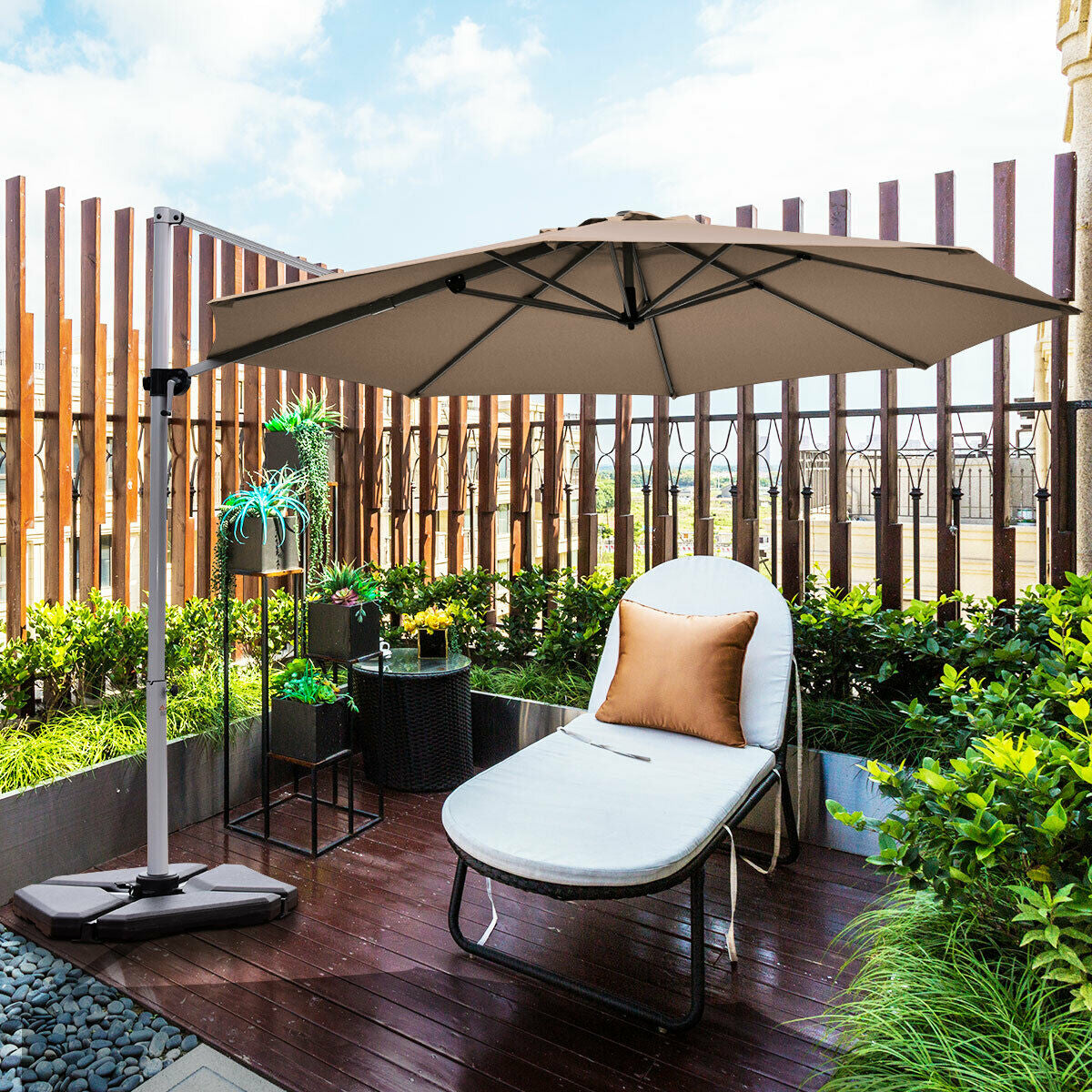 11 Feet Patio Offset Cantilever Umbrella 360° Rotation Aluminum Tilt, Tan Outdoor Umbrellas at Gallery Canada