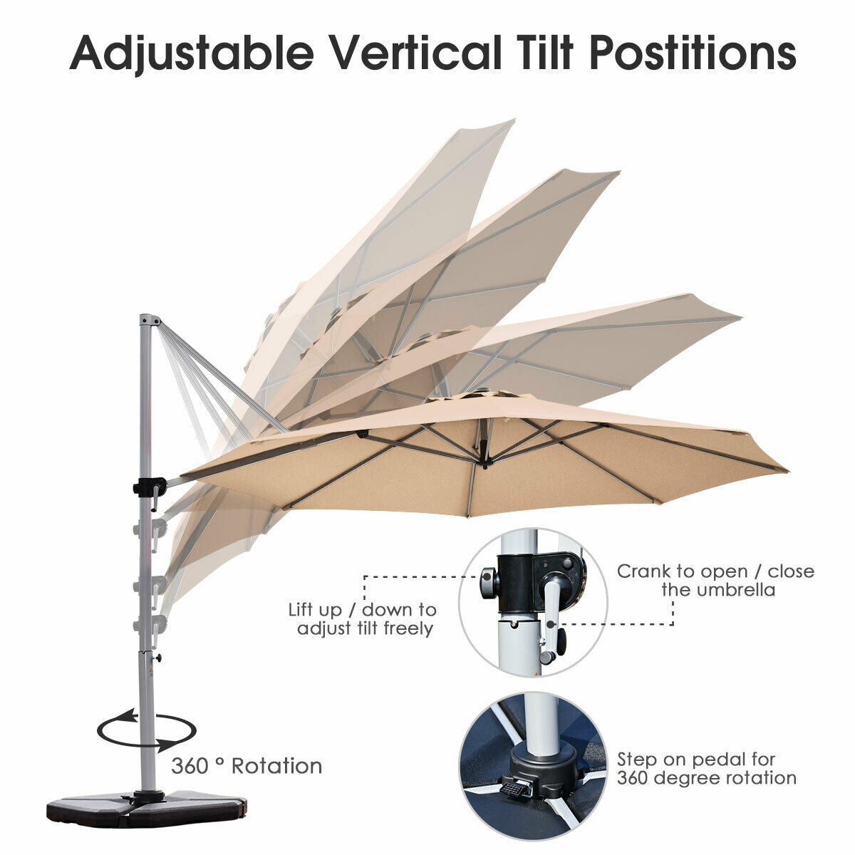 Parasol en porte-à-faux décalé pour patio de 11 pieds, rotation à 360°, inclinaison en aluminium, beige