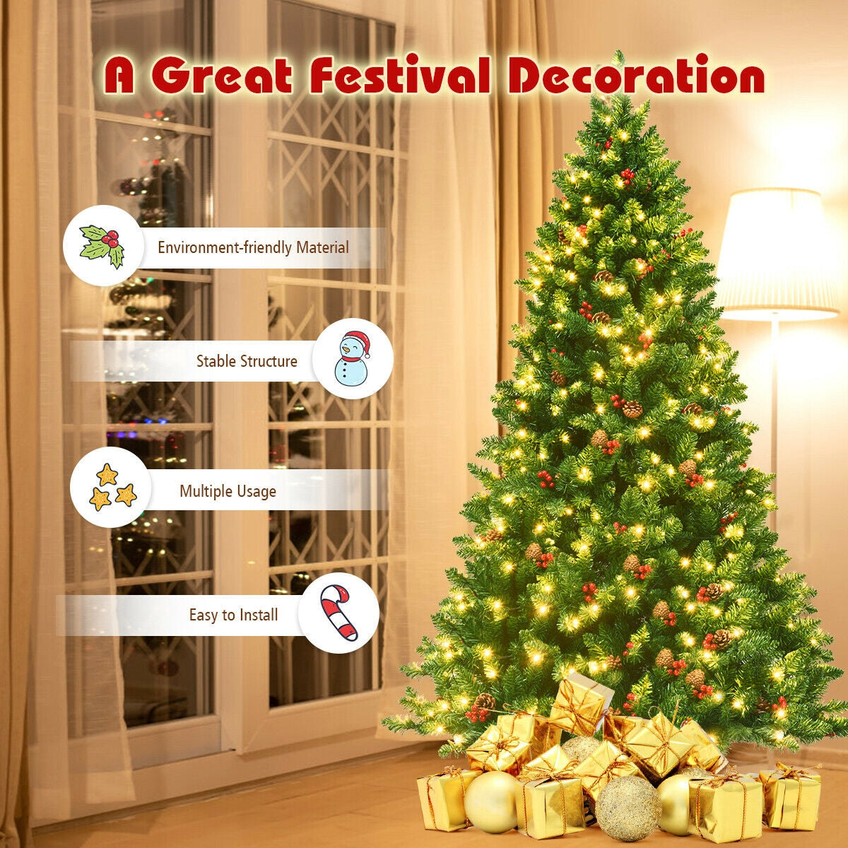 6.5 Feet Pre-Lit Hinged Christmas Tree, LED Lights, Green