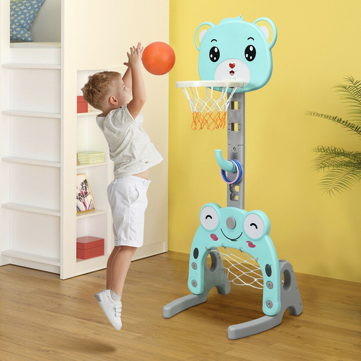 Adjustable Kids 3-in-1 Basketball Hoop Set Stand with Balls, Green