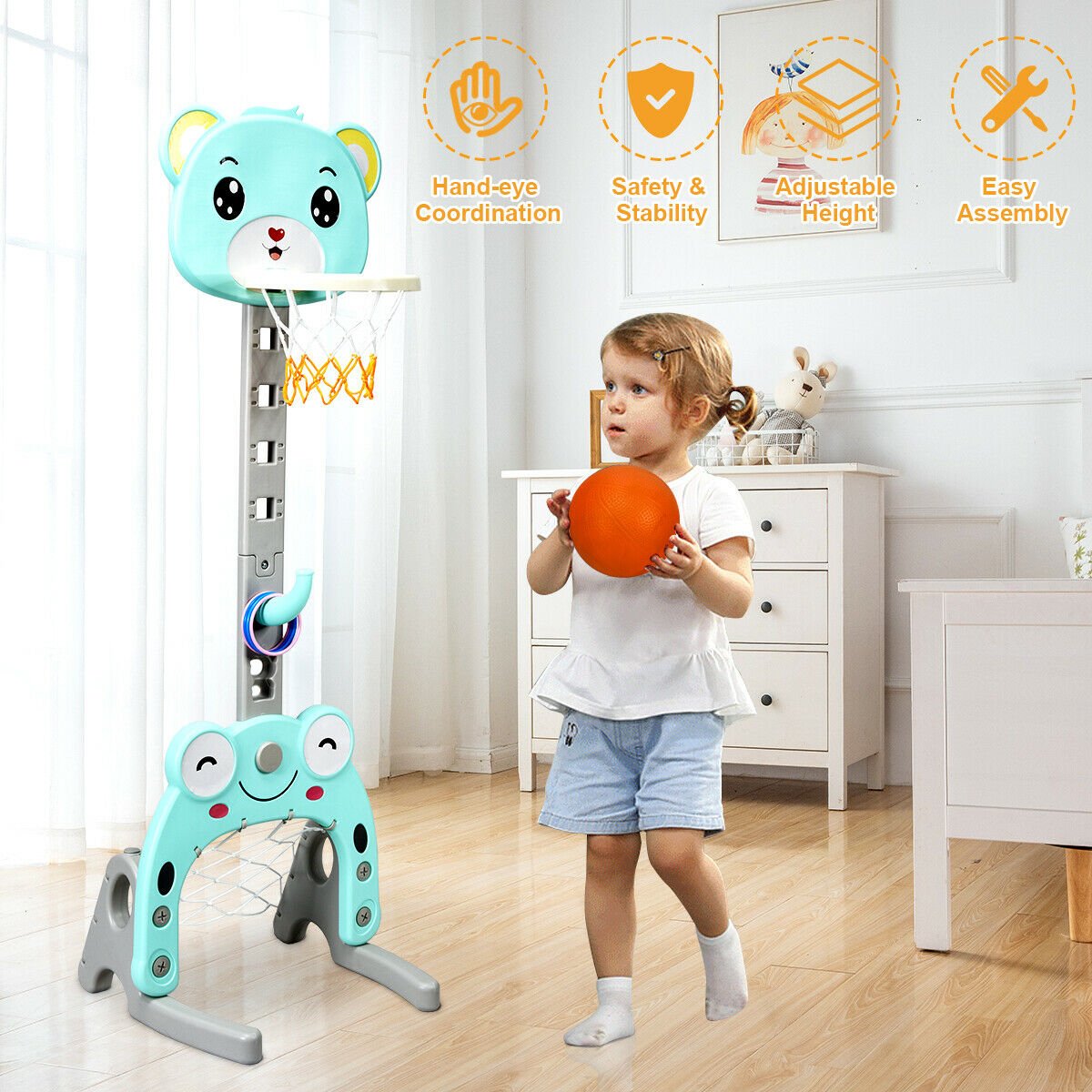 Adjustable Kids 3-in-1 Basketball Hoop Set Stand with Balls, Green