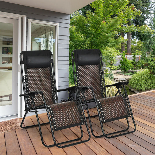 Folding Rattan Zero Gravity Lounge Chair, 2 Pieces, Light Brown