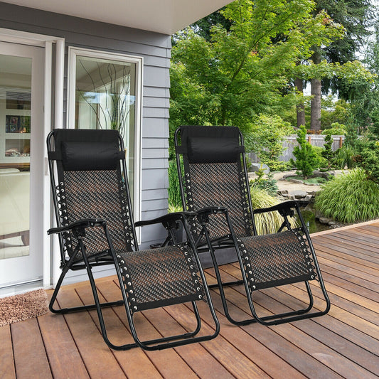 Folding Rattan Zero Gravity Lounge Chair, 2 Pieces, Brown