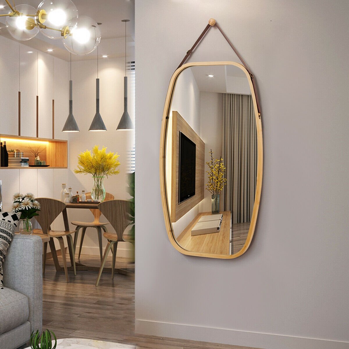 30 Inch Modern Rectangle Wall Hanging Framed Mirror, Natural at Gallery Canada