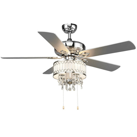 52 Inch Crystal Ceiling Fan Lamp w/ 5 Reversible Blades, Silver