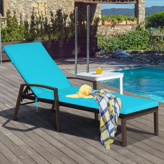 Rattan Chaise Lounge Recliner, Adjustable Back, Cushioned, Turquoise Outdoor Chaise Lounges Turquoise at Gallery Canada