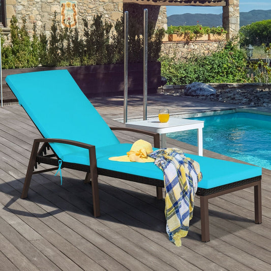 Rattan Chaise Lounge Recliner, Adjustable Back, Cushioned, Turquoise Outdoor Chaise Lounges Turquoise at Gallery Canada