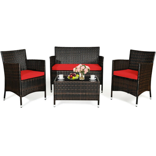 4 Pieces Comfortable Rattan Outdoor Conversation Furniture Set with Glass Table, Red