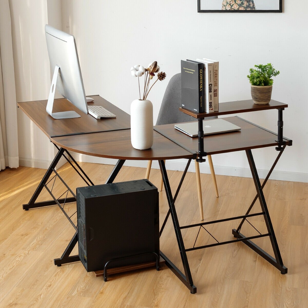 L-Shaped Computer Gaming Desk with Monitor Stand and Host Tray, Walnut at Gallery Canada