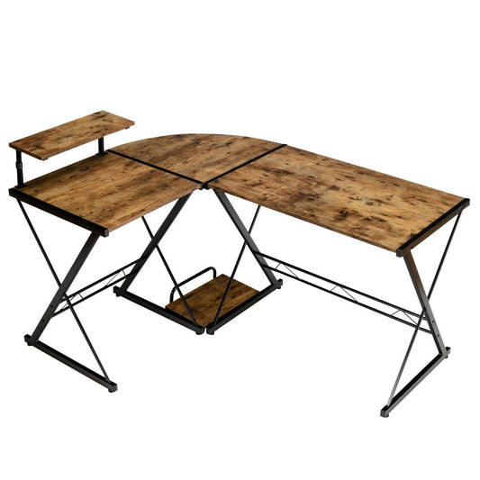 L-Shaped Computer Gaming Desk with Monitor Stand and Host Tray, Rustic Brown