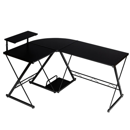 L-Shaped Computer Gaming Desk with Monitor Stand and Host Tray, Black
