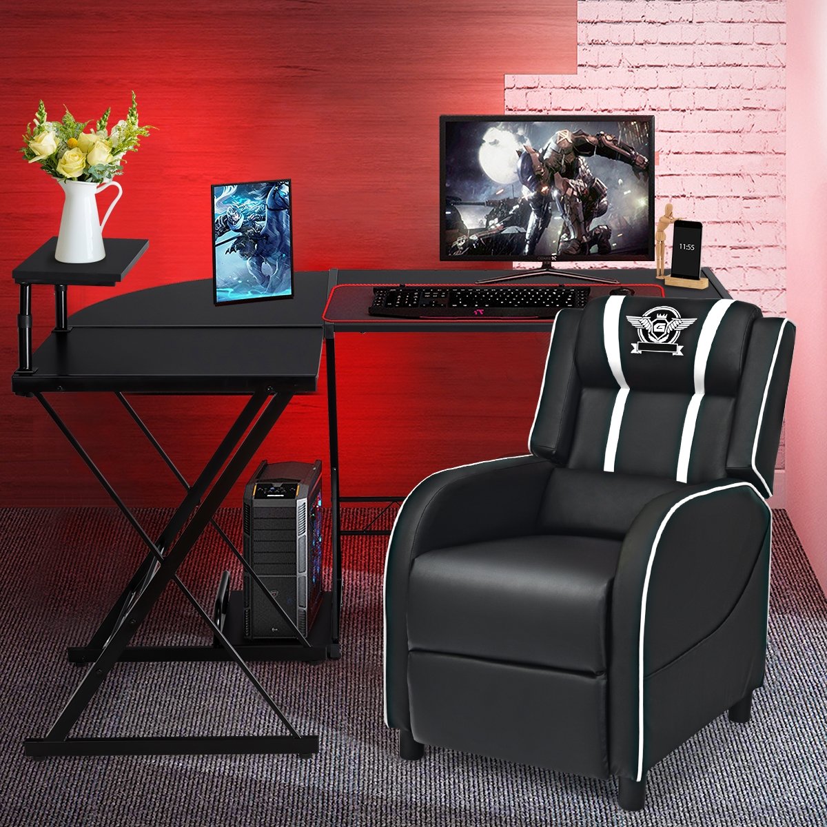 L-Shaped Computer Gaming Desk with Monitor Stand and Host Tray, Black at Gallery Canada