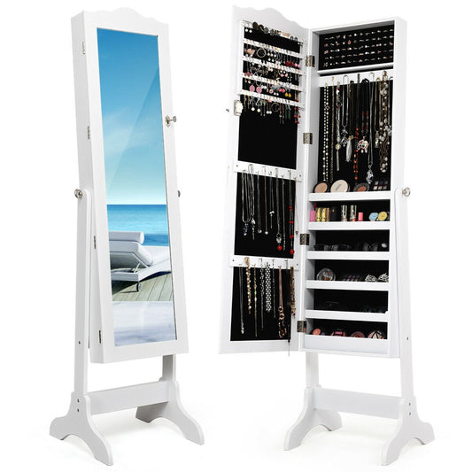 Mirrored Lockable Jewelry Cabinet Armoire Organizer Storage Box, White