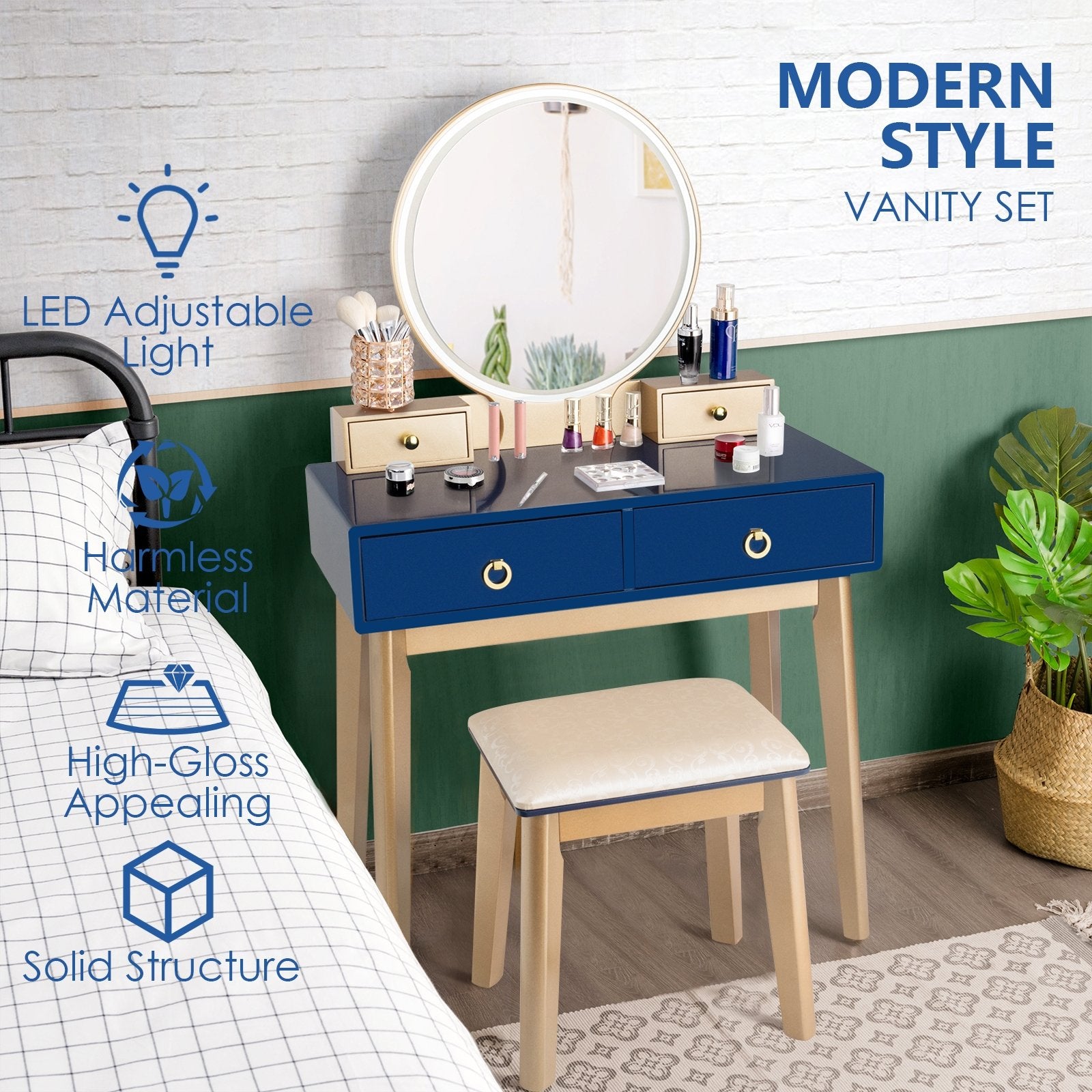 Makeup Vanity Table Set 3 Color Lighting Dressing Table, Blue at Gallery Canada
