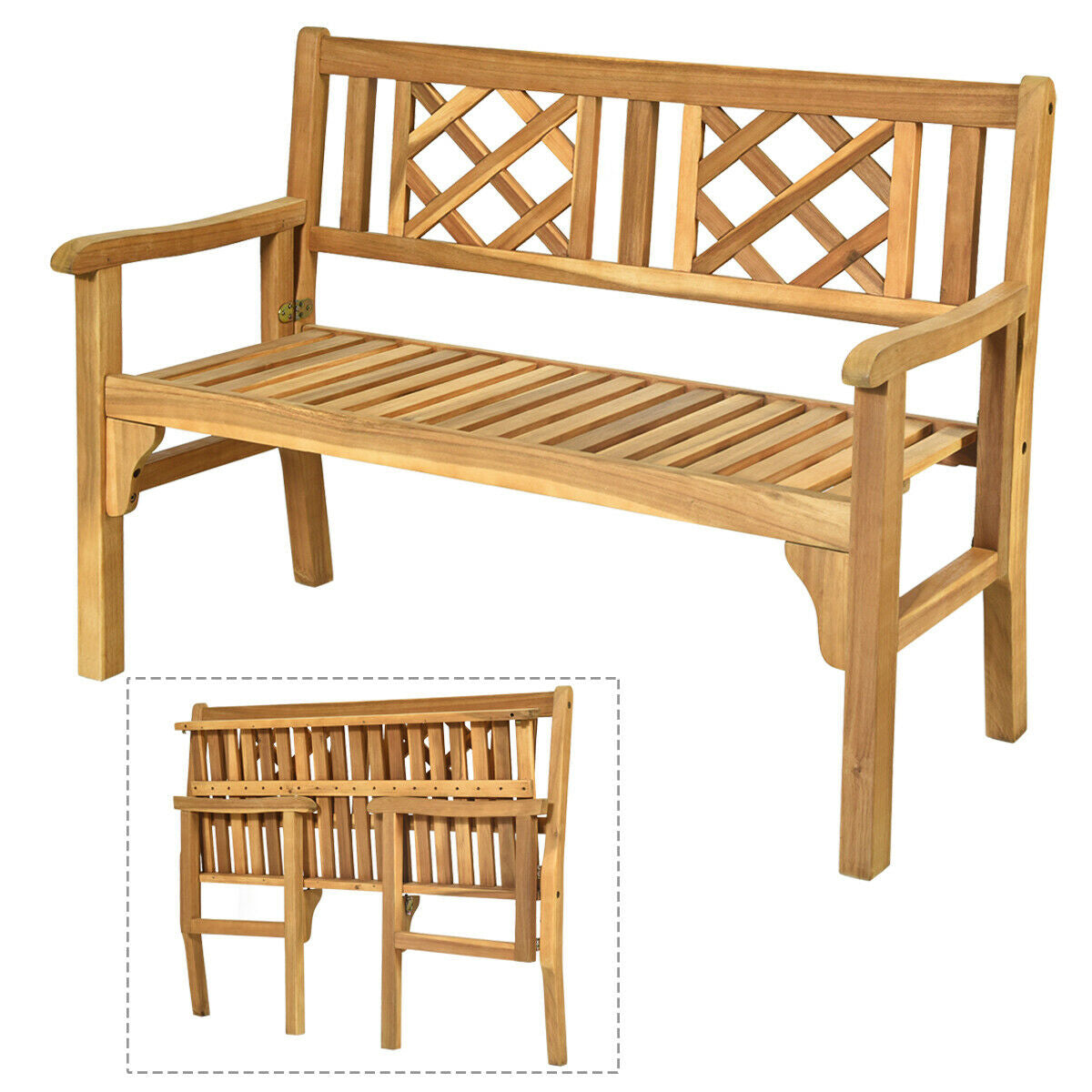 Patio Foldable Bench, Curved Backrest Armrest, Natural