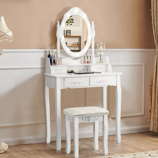 Makeup Vanity Dressing Table Set with Dimmable Bulbs Cushioned Stool, White Makeup Vanities White at Gallery Canada
