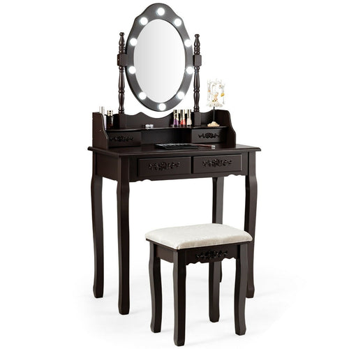 Vanity Table Set with Mirror and Soft Cushioned Stool, Coffee