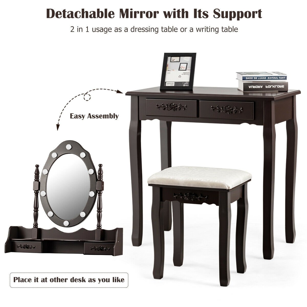 Vanity Table Set with Mirror and Soft Cushioned Stool, Coffee at Gallery Canada