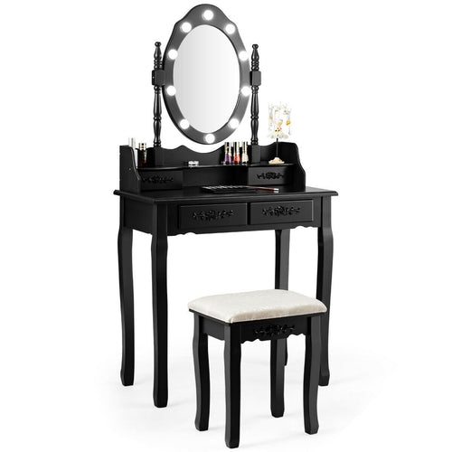 Vanity Table Set with Mirror and Soft Cushioned Stool, Black