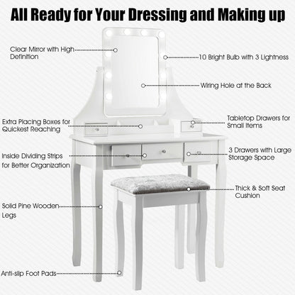 Vanity Dressing Table Set with 10 Dimmable Bulbs and Cushioned Stool, White at Gallery Canada