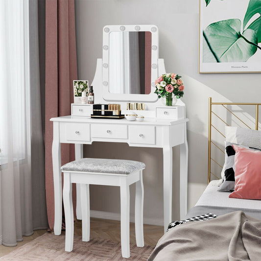 Vanity Dressing Table Set with 10 Dimmable Bulbs and Cushioned Stool, White Makeup Vanities White at Gallery Canada
