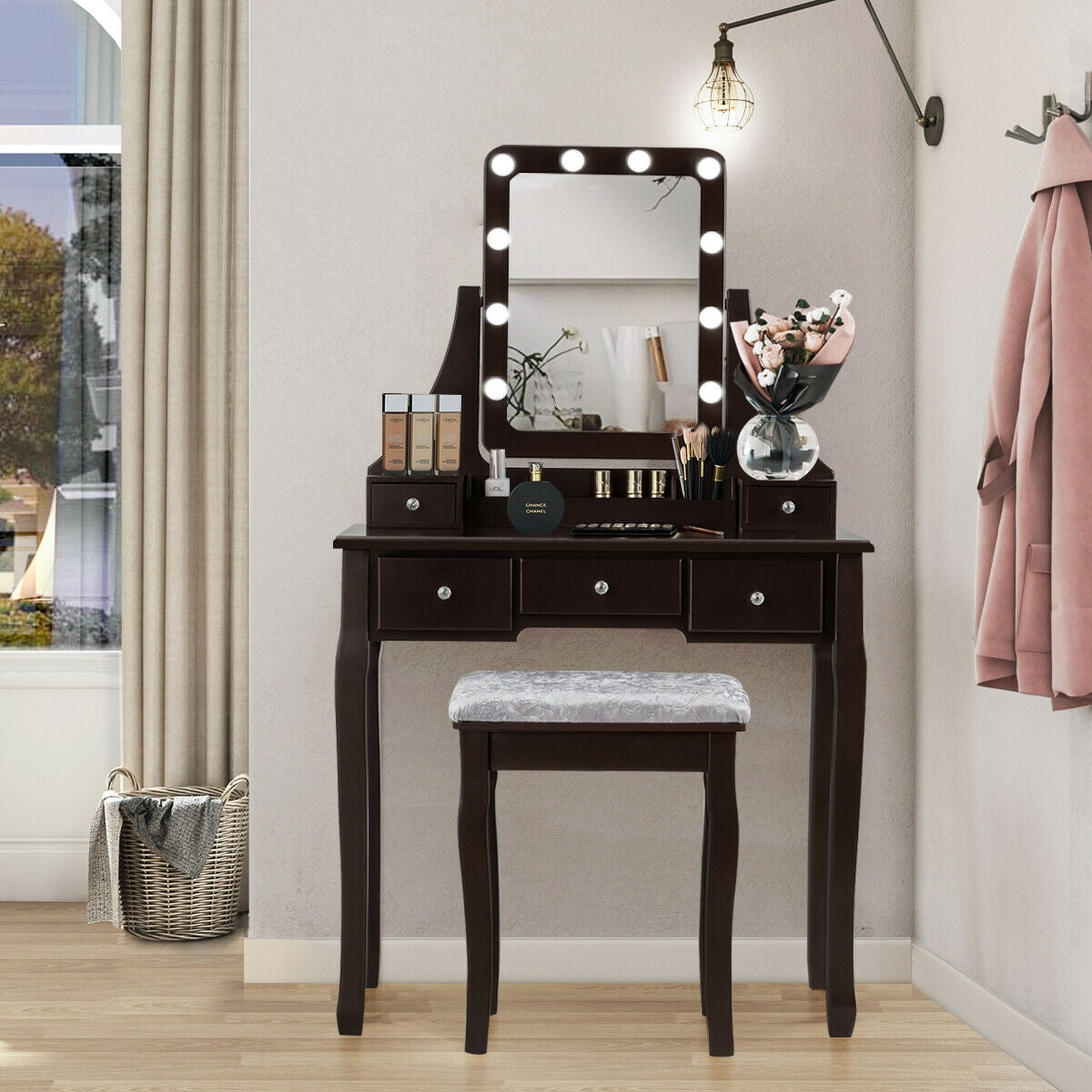 Vanity Dressing Table Set With 10 Dimmable Bulbs, Cushioned Stool, Brown
