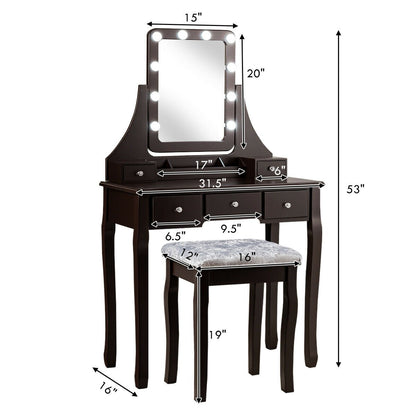 Vanity Dressing Table Set with 10 Dimmable Bulbs and Cushioned Stool, Brown at Gallery Canada