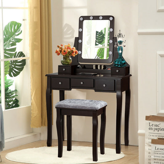 Vanity Dressing Table Set with 10 Dimmable Bulbs and Cushioned Stool, Brown