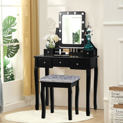 Vanity Dressing Table Set with 10 Dimmable Bulbs and Cushioned Stool, Black at Gallery Canada