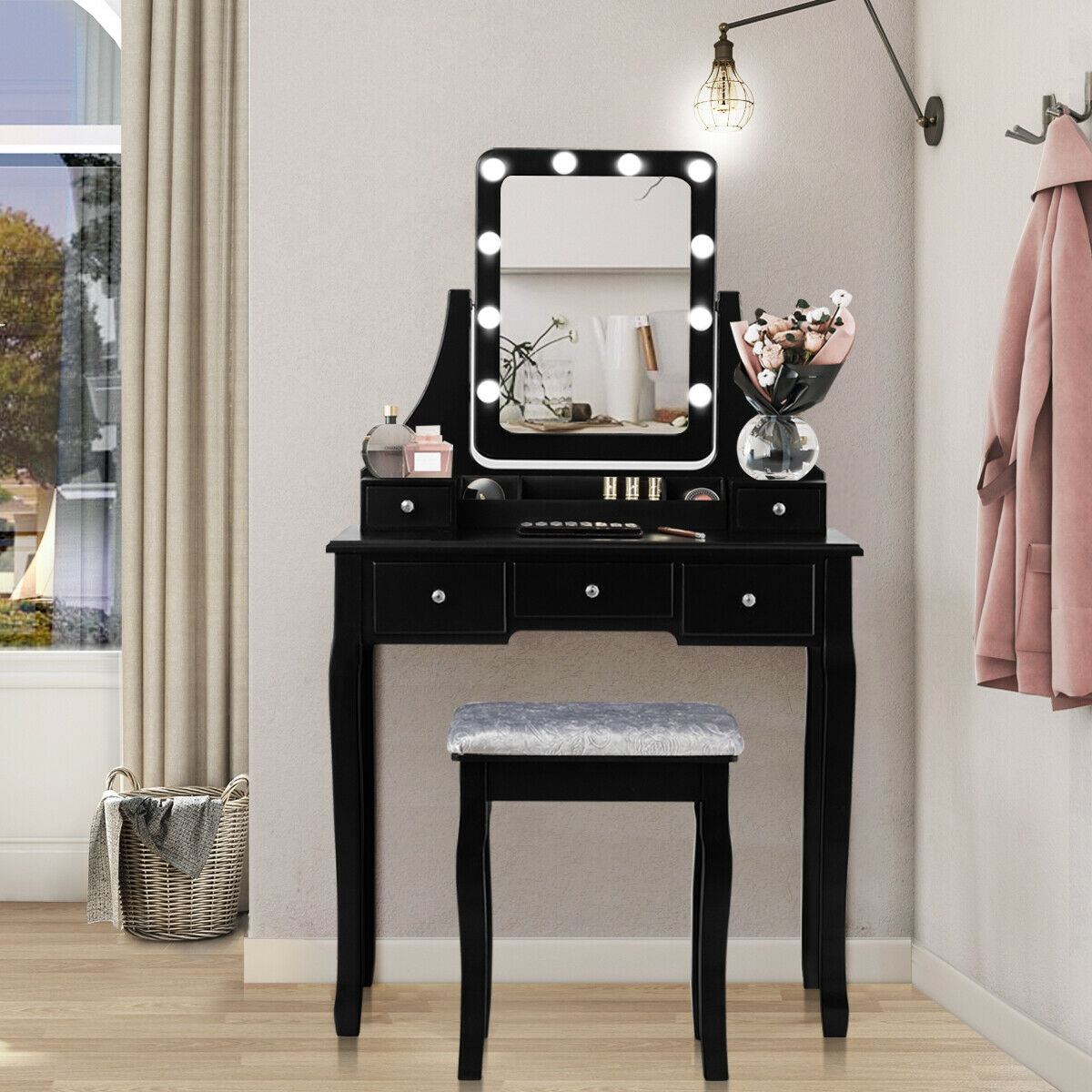 Vanity Dressing Table Set with 10 Dimmable Bulbs and Cushioned Stool, Black Makeup Vanities at Gallery Canada