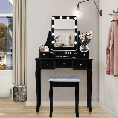 Vanity Dressing Table Set with 10 Dimmable Bulbs and Cushioned Stool, Black at Gallery Canada