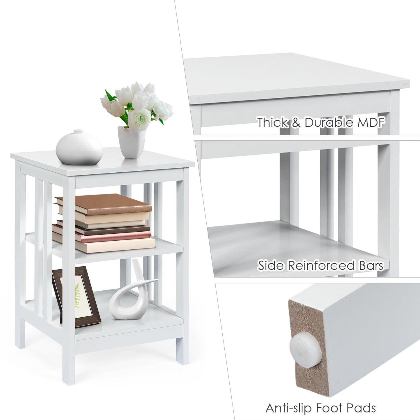 3-tier Side Table Nightstand with Stable Structure, White at Gallery Canada