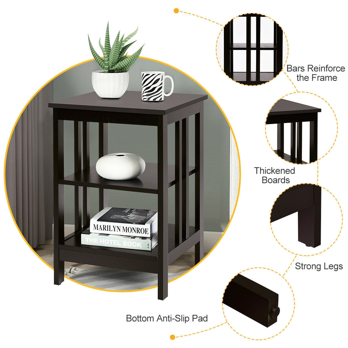 3-tier Side Table Nightstand with Stable Structure, Dark Brown